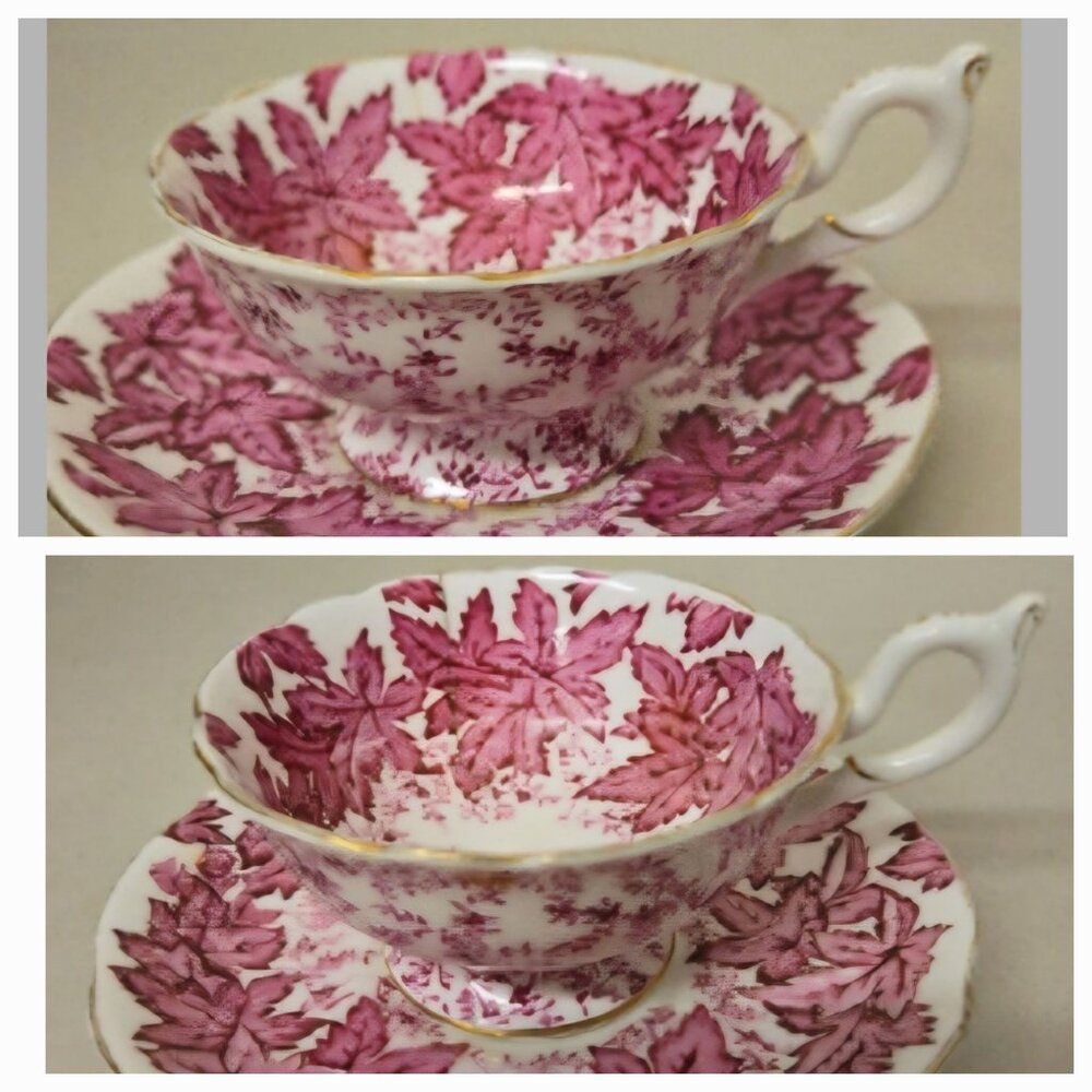 2 Coalport Maple Time Chintz Cup And Saucer Pink Mulberry Bone China 1949-1960